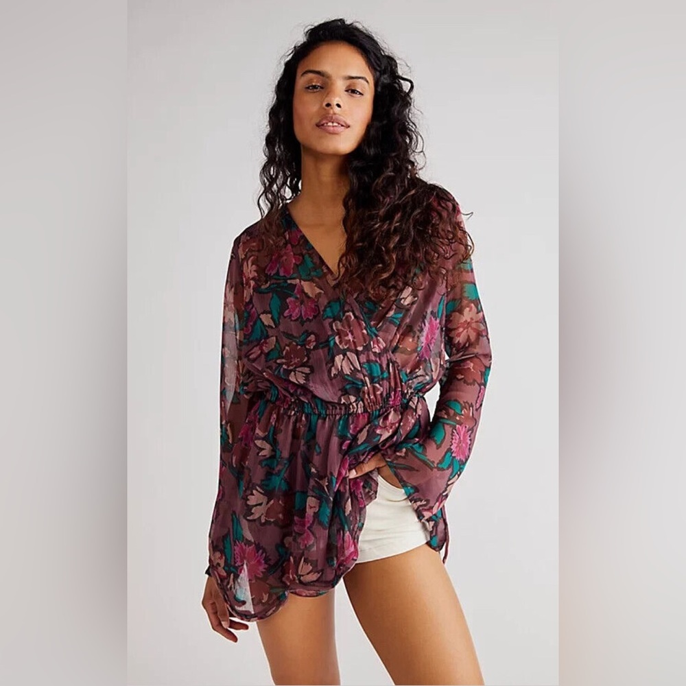 NWT Free People Flume Tunic Floral Printed XS Brown Motif